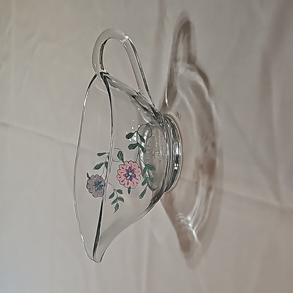 Anchor Hocking gravy boat hand painted with flowers artist signature "EQ"